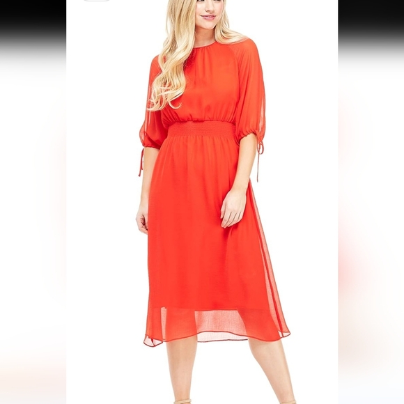 Maggie London Gauze Chiffon Smocked Waist Midi Dress Red Women's Size 8 - Picture 1 of 12